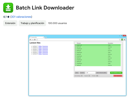 Screenshot of Batch Link Downloader main page in Chrome extension catalog